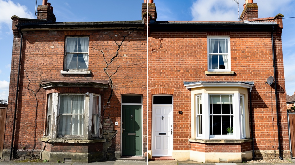 Before and after comparison of a Surrey Victorian home showing structural defects and completed repairs