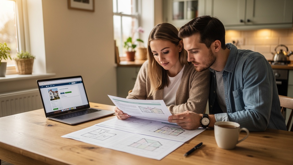 Home buyers reviewing RICS survey report documents at kitchen table