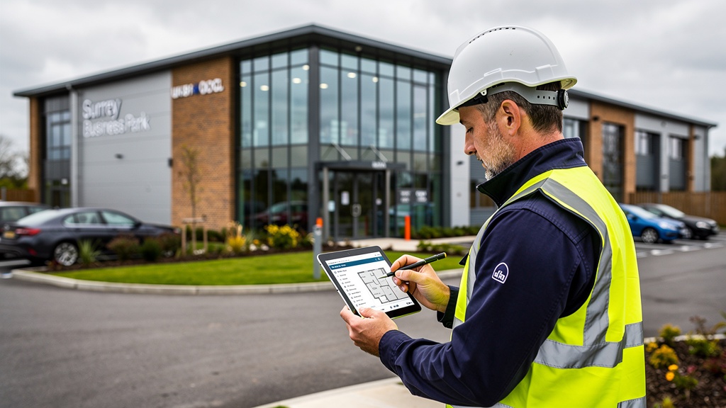 Professional building surveyor inspecting commercial property in Surrey business park
