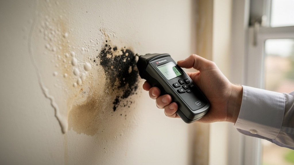 Close-up of damp patch on interior wall being assessed with moisture meter