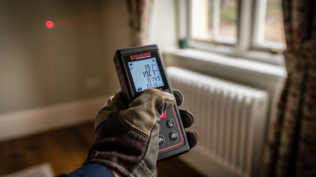 Surveyor using professional laser measuring equipment in Surrey property