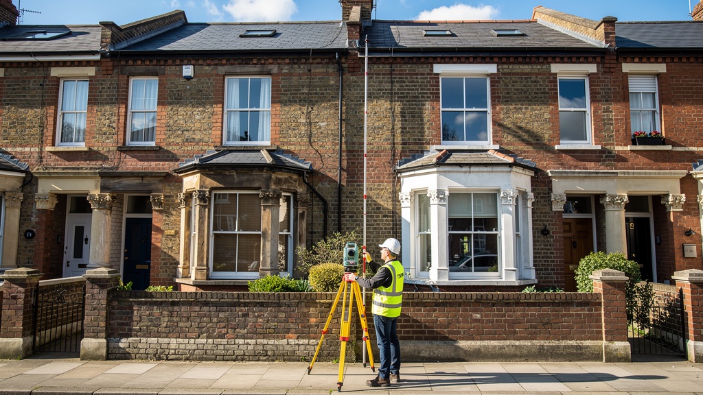 Surveyor measuring party wall between two semi-detached homes in Surrey
