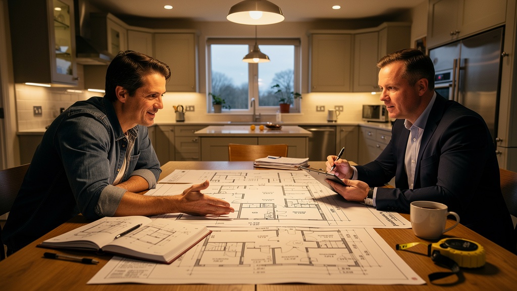 Homeowner planning renovation with surveyor over architectural blueprints