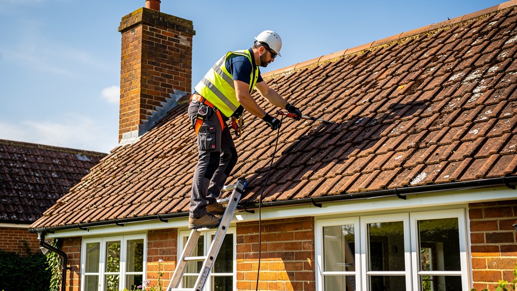 Surveyor on roof ladder checking tiles and chimney on Surrey detached house