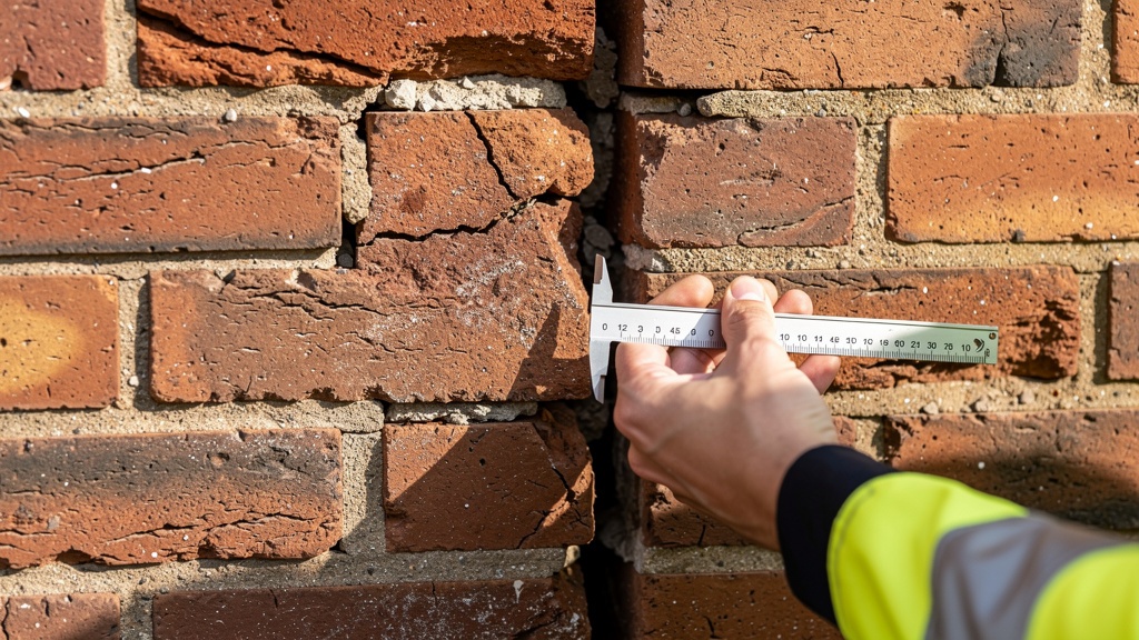 Chartered surveyor assessing structural crack in brick wall with measuring equipment