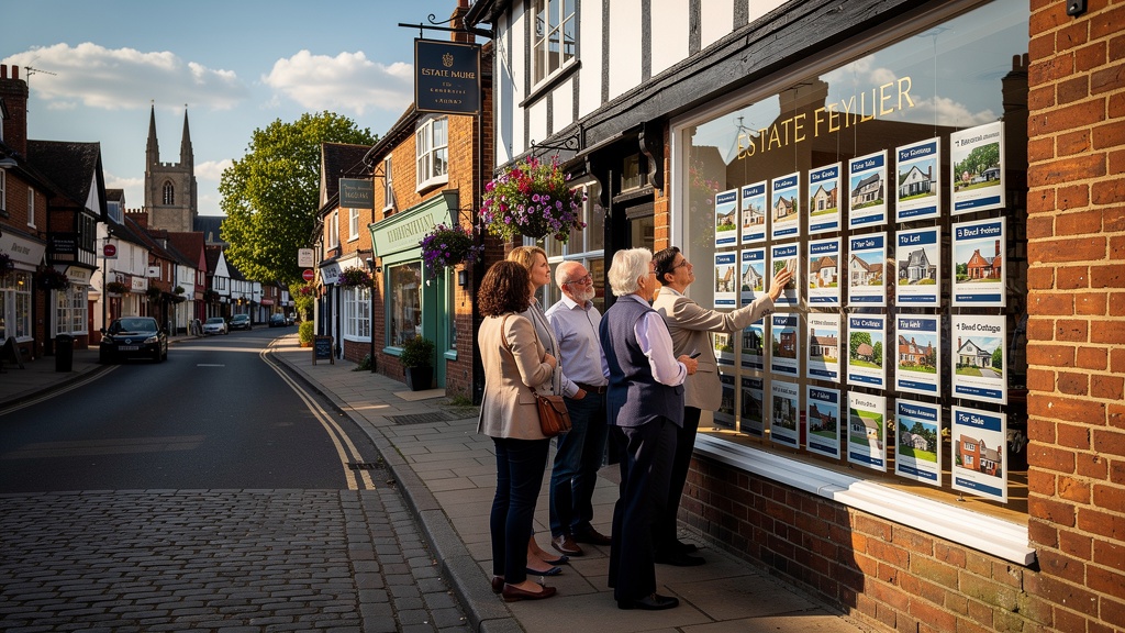 Surrey High Street with estate agent window and potential home buyers