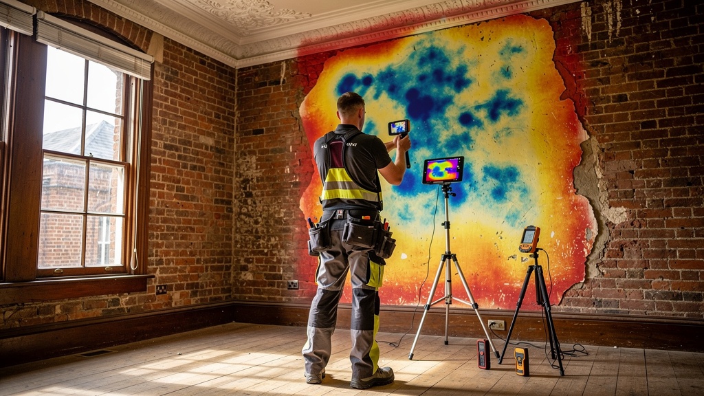 Surveyor using thermal imaging camera to detect heat loss in Surrey home walls