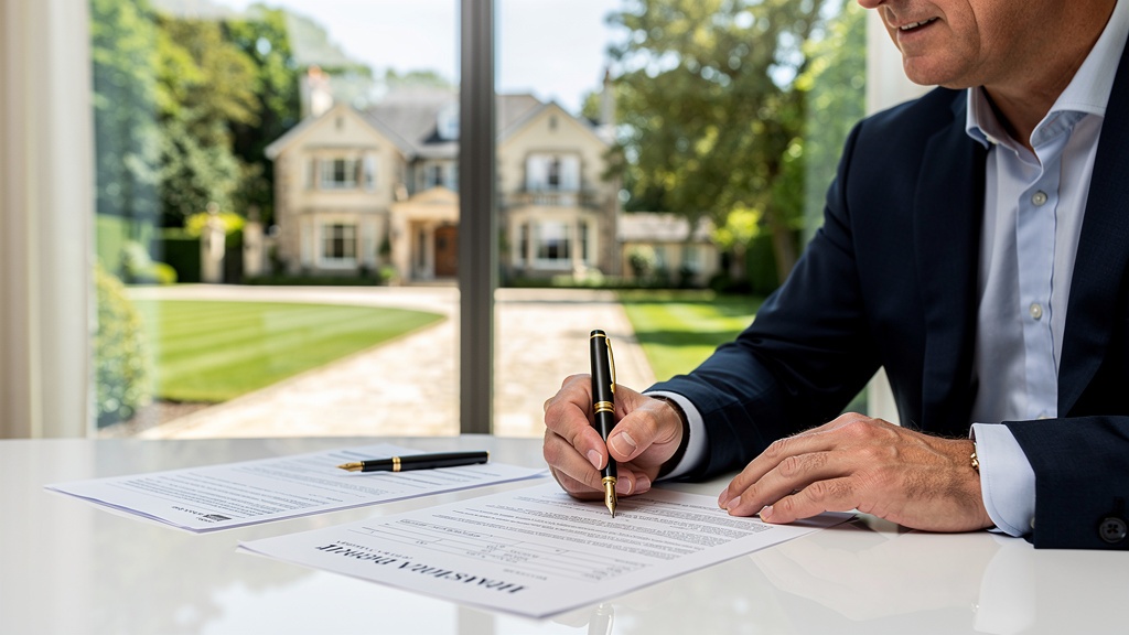 RICS registered valuer writing property valuation report with Surrey home visible in background