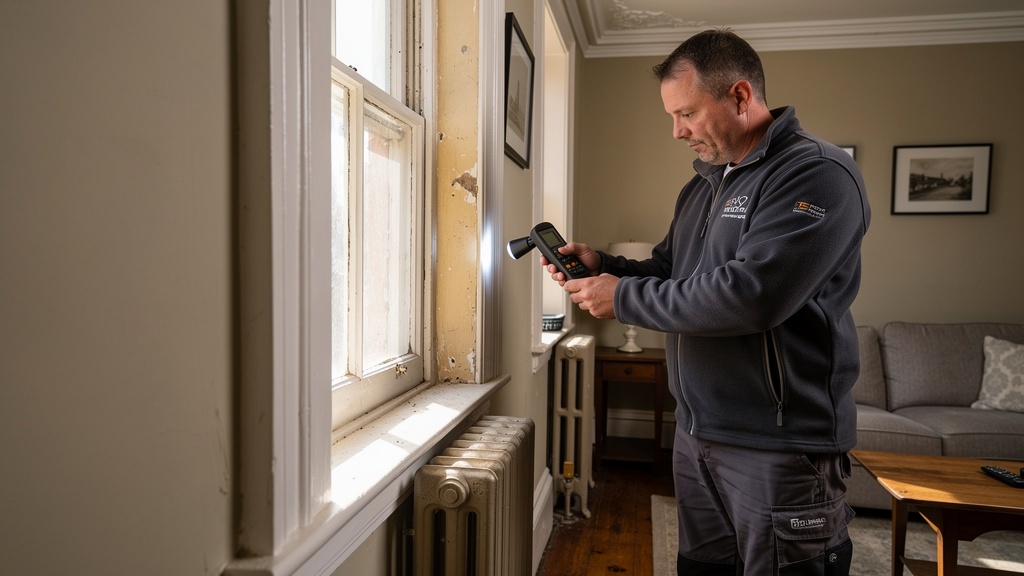 Building surveyor inspecting interior walls using moisture meter in traditional Surrey home