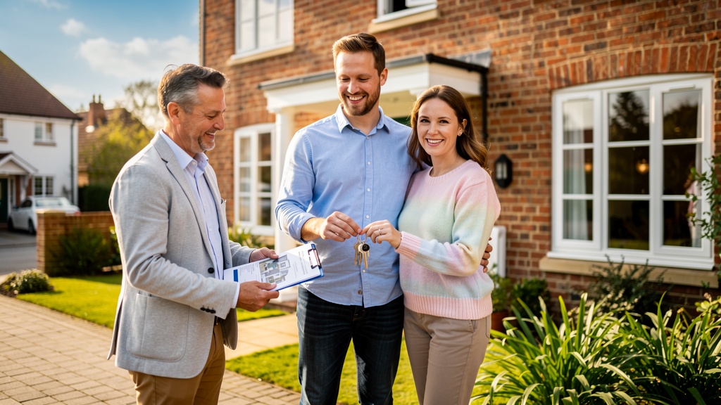 Happy home buyers receiving their survey report from a Surrey surveyor