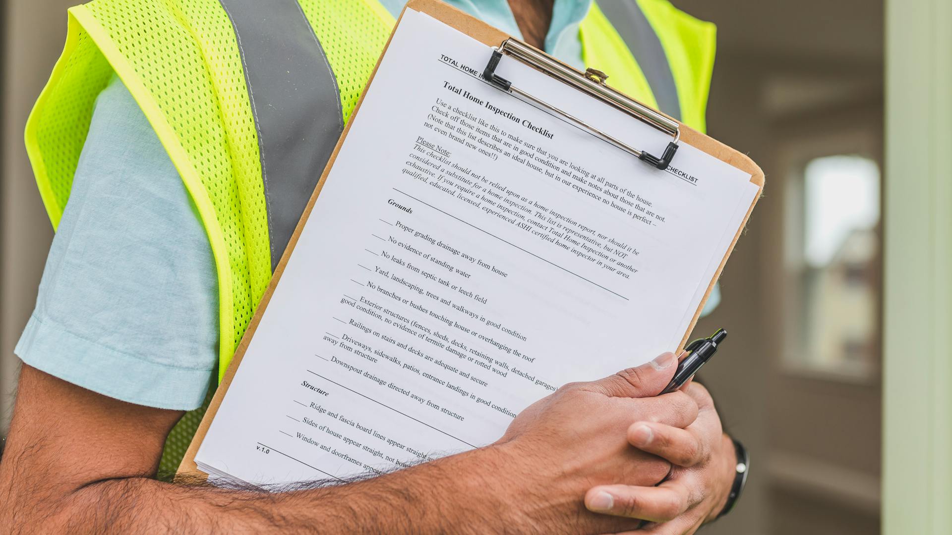 Surveyor in yellow hi-vis vest holding a property inspection checklist on site