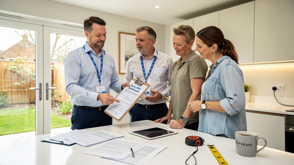 Surrey party wall surveyors discussing a party wall agreement with homeowners in a kitchen