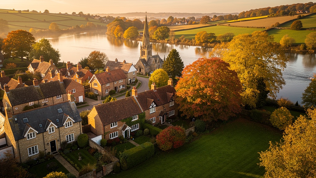 Aerial view of traditional Surrey village with English countryside and homes covered by Surrey Surveyor