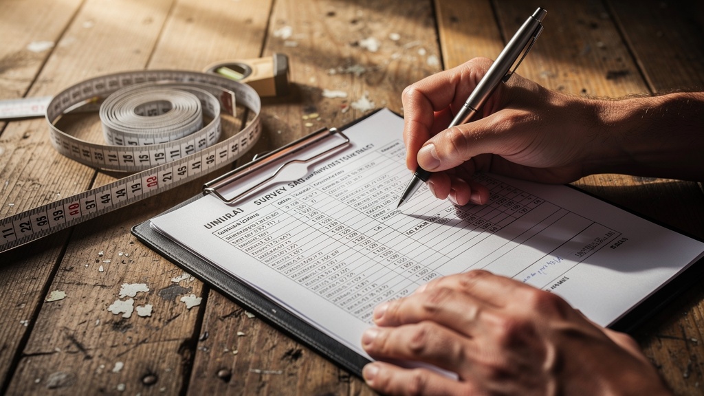 Surveyor's hands writing a detailed building survey report with measuring tools on timber floor